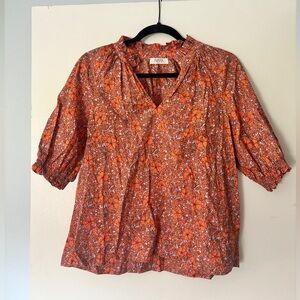 Avara Orange Floral V-Neck Puff Sleeve Blouse, Size S